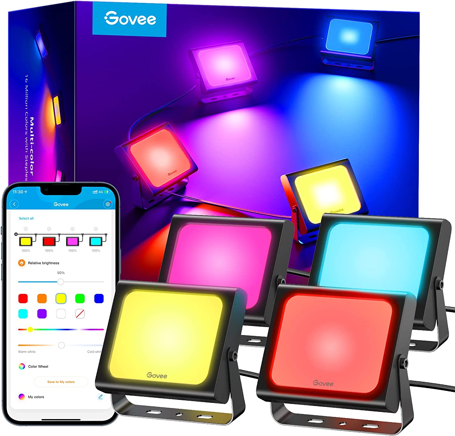 Govee Flood Lights Outdoor 4 Pack, 2200-6500K Dimmable RGBIC Warm White and  Daylight, Smart WiFi APP Control, Work with Alexa, IP66 for Garden Lawn